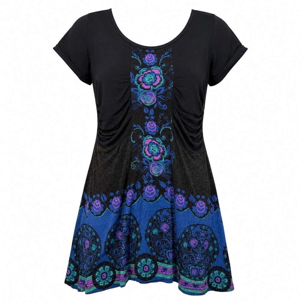 Free People Tunic Top XS Black Blue Purple Floral Boho Ruched Y2K Whimsigoth Art